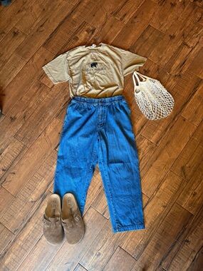 Vintage Wide Leg Jeans Elastic Waist 100% Cotton Medium Wash Relaxed Fit